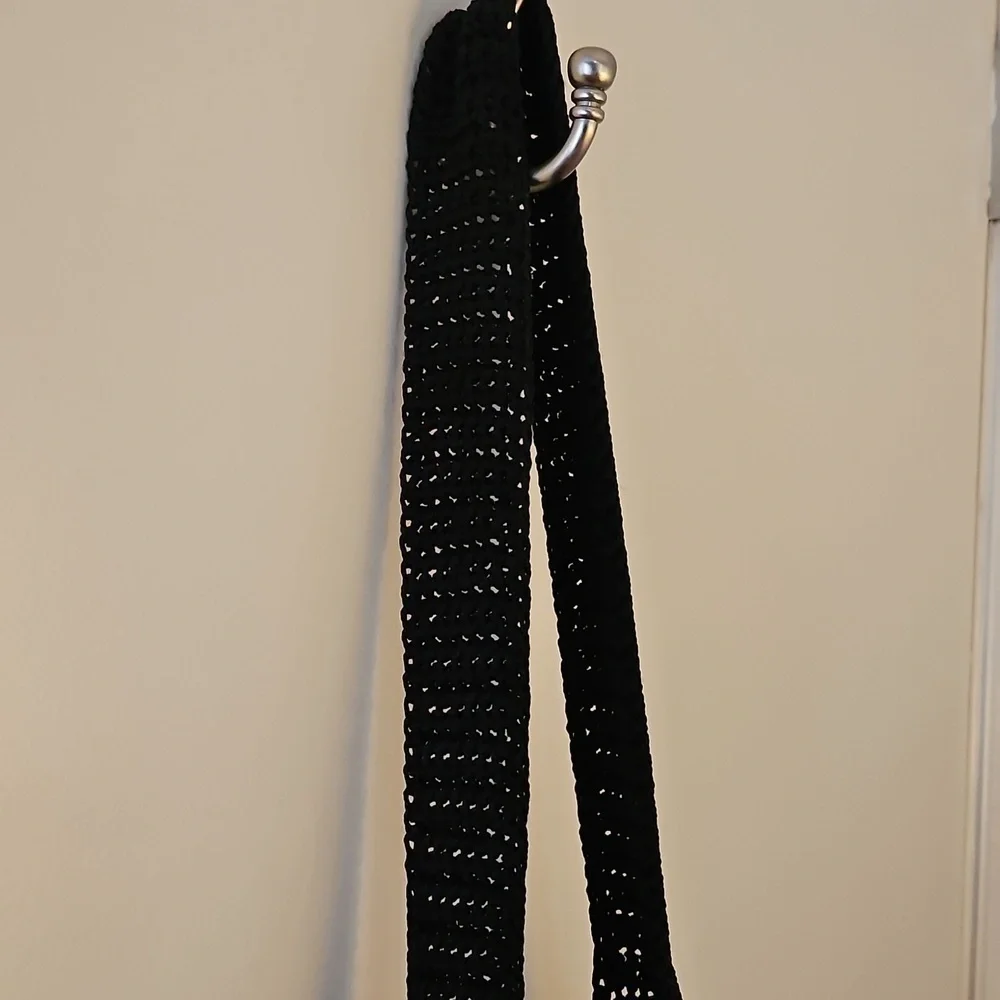Vintage Black Crochet Drawstring Nap Sack Hobo Festival Bag with Coin Pouch